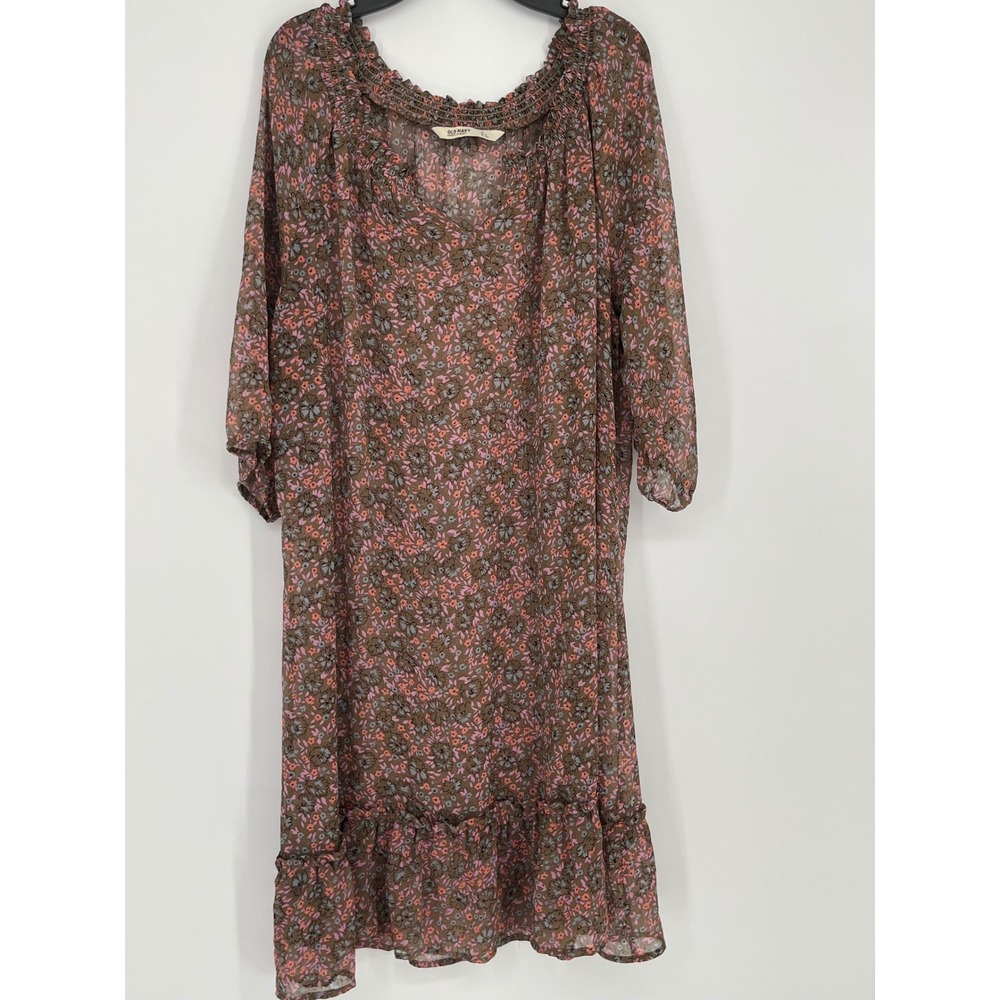 Old Navy Floral Smocked Neck Ruffle Hem Shift Dress Women L Brown Pink Sheer